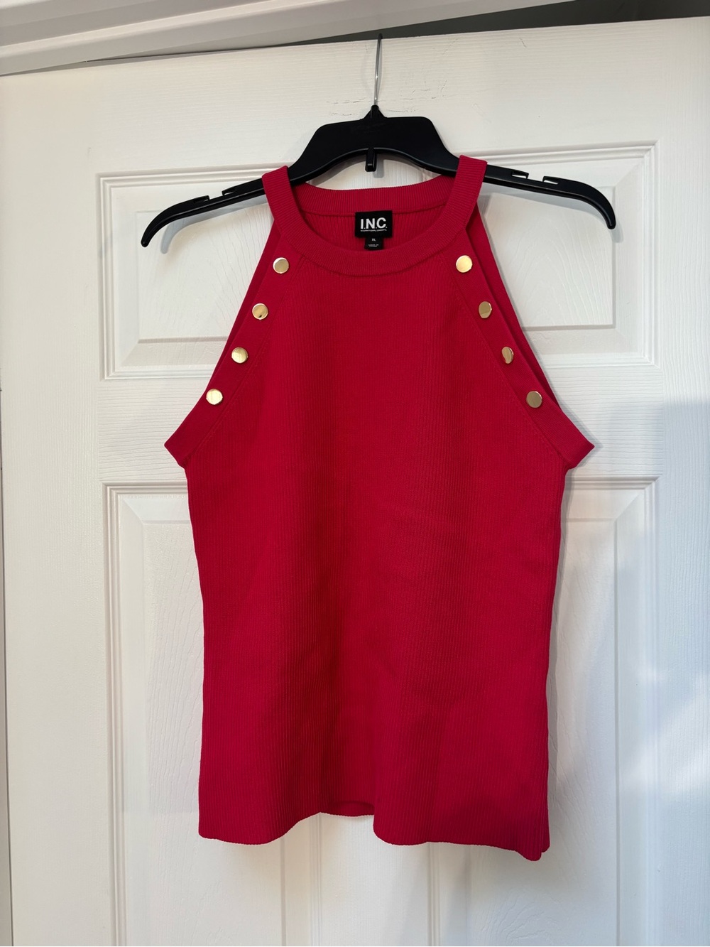 INC International Concepts Bright Red Ribbed Halter Tank with Gold Buttons